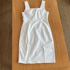 J Crew White Denim Dress- Sleeveless, Square neck, Zip  back, Front slit…